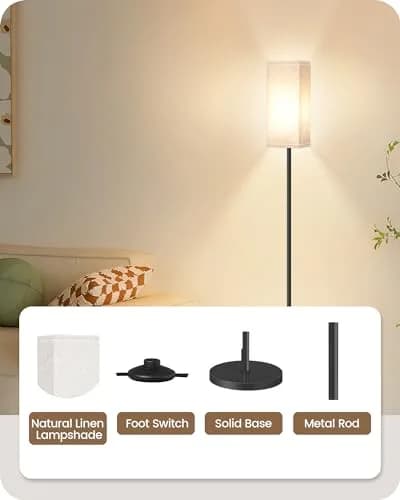 GOEBLESON 64.6" Floor Lamp, Modern Standing Lamp with Foot Switch, Minimalist Linen Shade, Black and Beige, for Living Room & Bedroom thumbnail 5