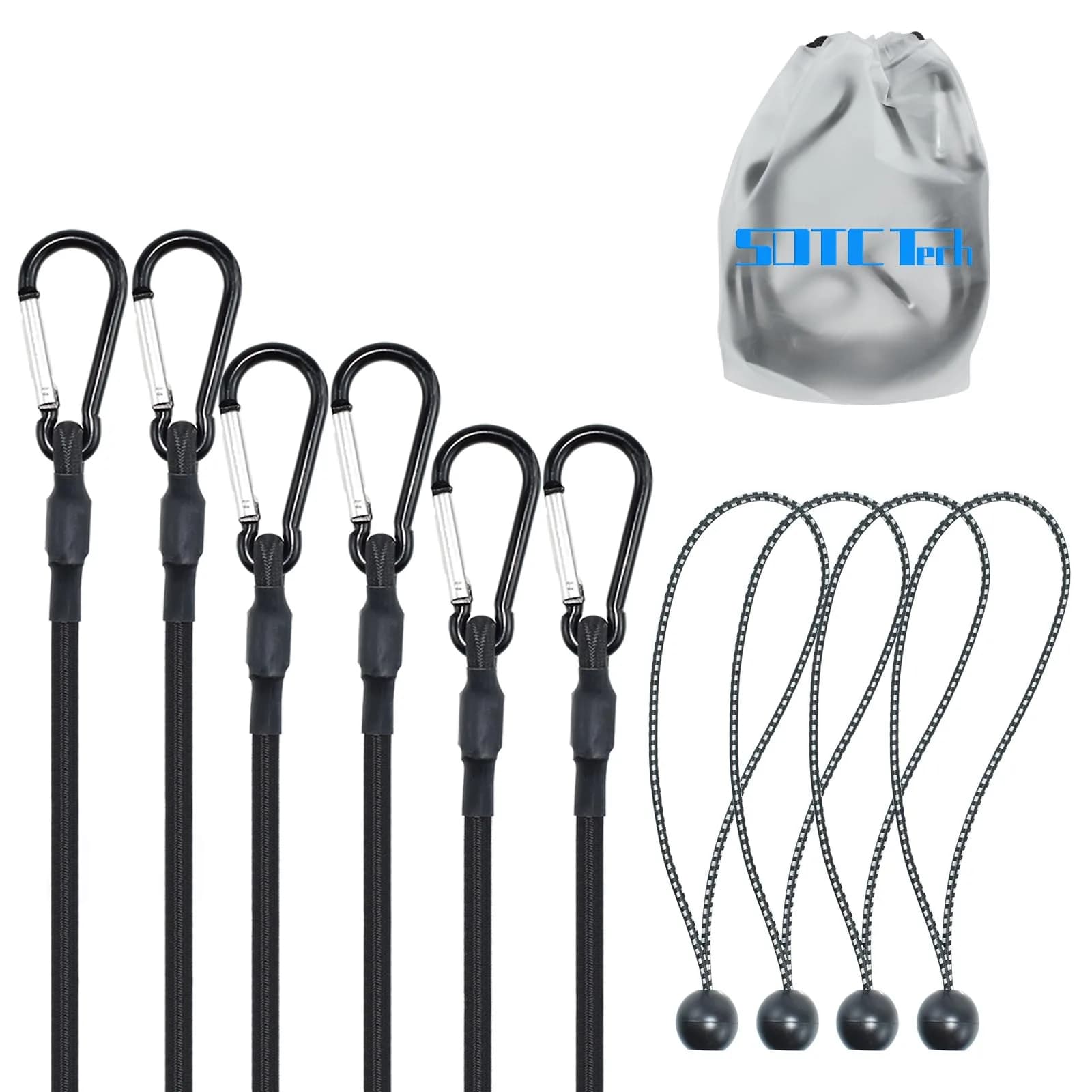 SDTC Tech 12" 18" 24" Mini Short Bungee Cords with Carabiner Hooks Kit | Heavy Duty Latex, 200 lbs Tensile, Rust-Resistant Aluminum Buckle