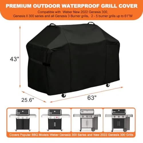 Blackhoso Heavy Duty Grill Cover for Weber Genesis 300 Series & 2022 Genesis 300 Grills, 63"W x 25.6"D x 43"H thumbnail 2