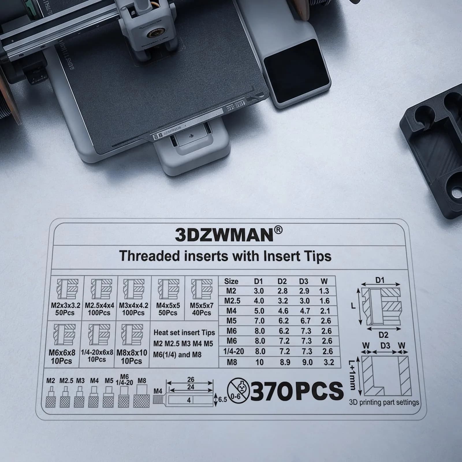 3DZWMAN Heat Set Insert Tool Kit with 370PCS Brass Inserts & Soldering Iron | M2-M8 Thread Sizes - view 4