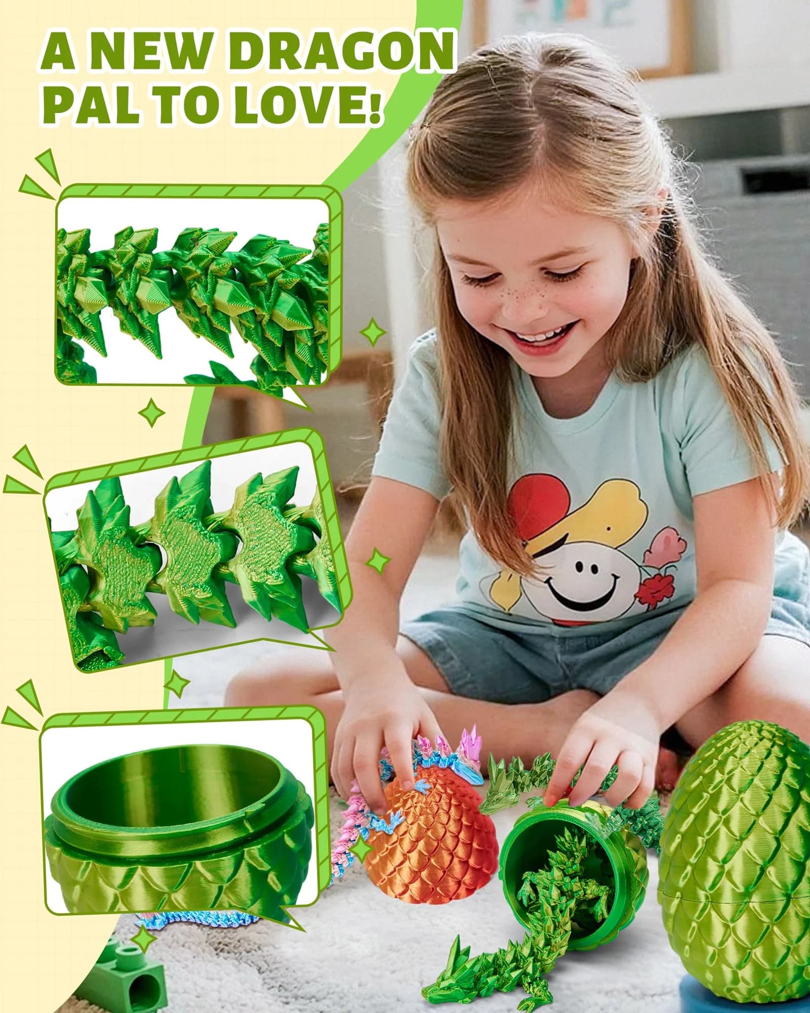 TBOLINE 12" Articulated Crystal Dragon Egg Toy | Laser Yellow Green PLA, Non-Toxic, ASTM-Tested - view 2