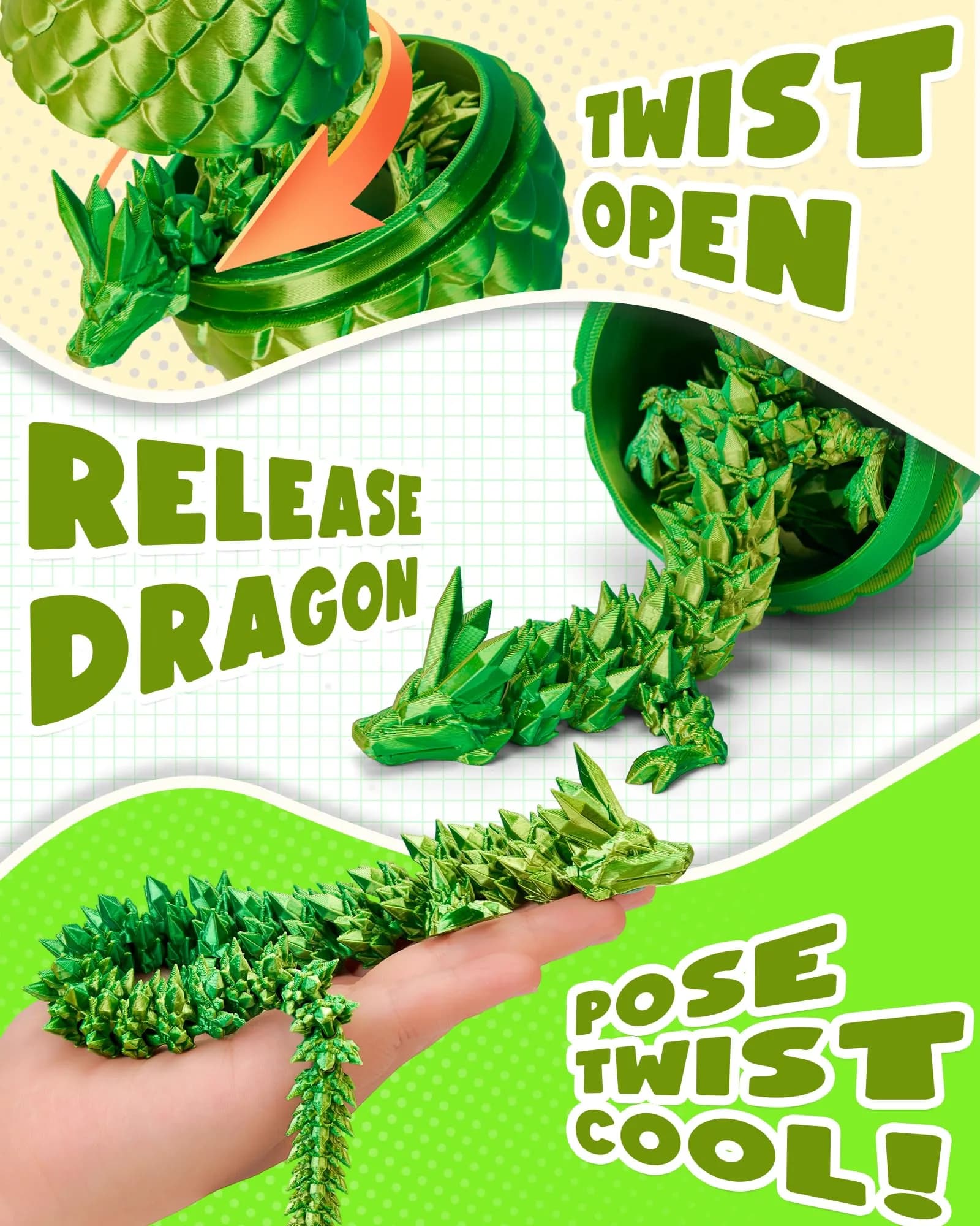 TBOLINE 12" Articulated Crystal Dragon Egg Toy | Laser Yellow Green PLA, Non-Toxic, ASTM-Tested - view 3