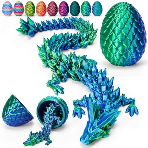 TBOLINE 3D Printed Dragon Egg Toy with Articulated Crystal Dragon, Glow-in-the-dark Rainbow, 5.12 inches (13 cm) — Laser Green-12inch