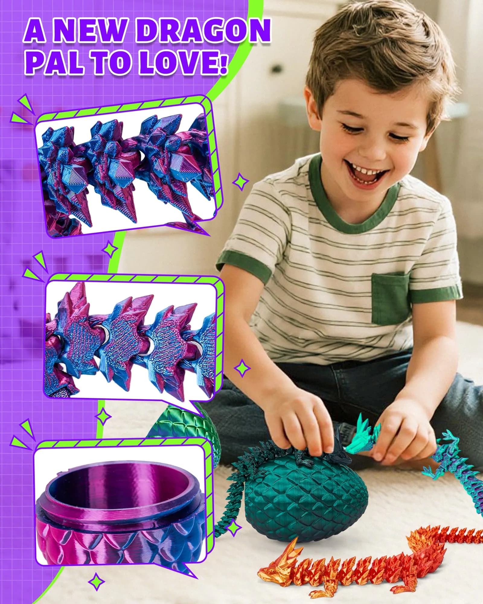 TBOLINE 12-inch Articulated Crystal Dragon in 4.53-inch Egg, Laser Violet | Licensed 3D Printed Toy - view 2