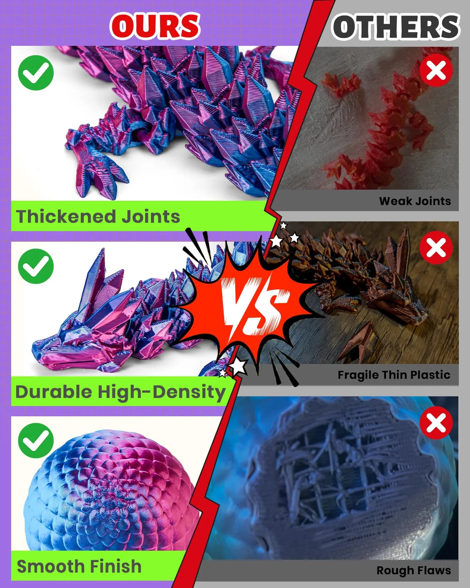 TBOLINE 12-inch Articulated Crystal Dragon in 4.53-inch Egg, Laser Violet | Licensed 3D Printed Toy - view 8