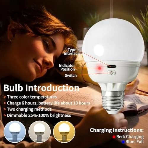 LOCZAR Rechargeable LED Light Bulb with Remote | Battery Operated, Dimmable, Warm White 3000K, E26 Base, Power Outage Ready thumbnail 2