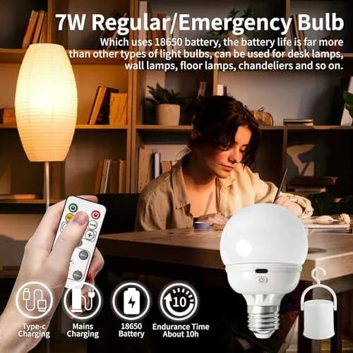 LOCZAR Rechargeable LED Light Bulb with Remote | Battery Operated, Dimmable, Warm White 3000K, E26 Base, Power Outage Ready thumbnail 4