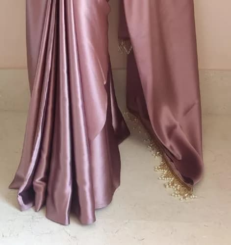 SATAZ Ready to Wear Satin Silk Saree with Pearl Tassels & Belt - Rose Gold, 5.5m (18.04 ft) thumbnail 4
