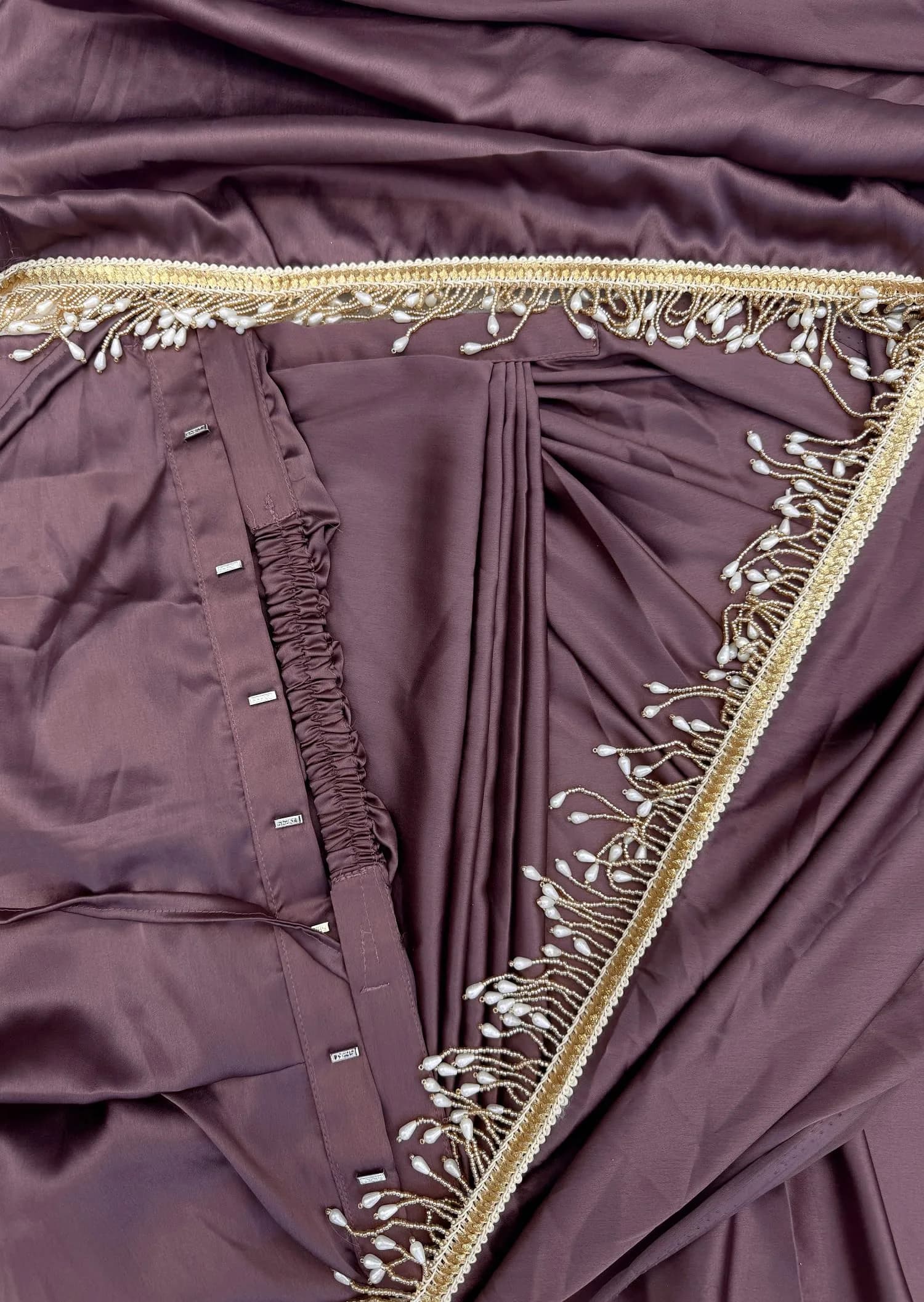 SHOPAZ Ready to Wear Rose Gold Satin Silk Saree 156 cm (61.4 in) | Pre-Pleated Indian Saree with Unstitched Blouse - view 5