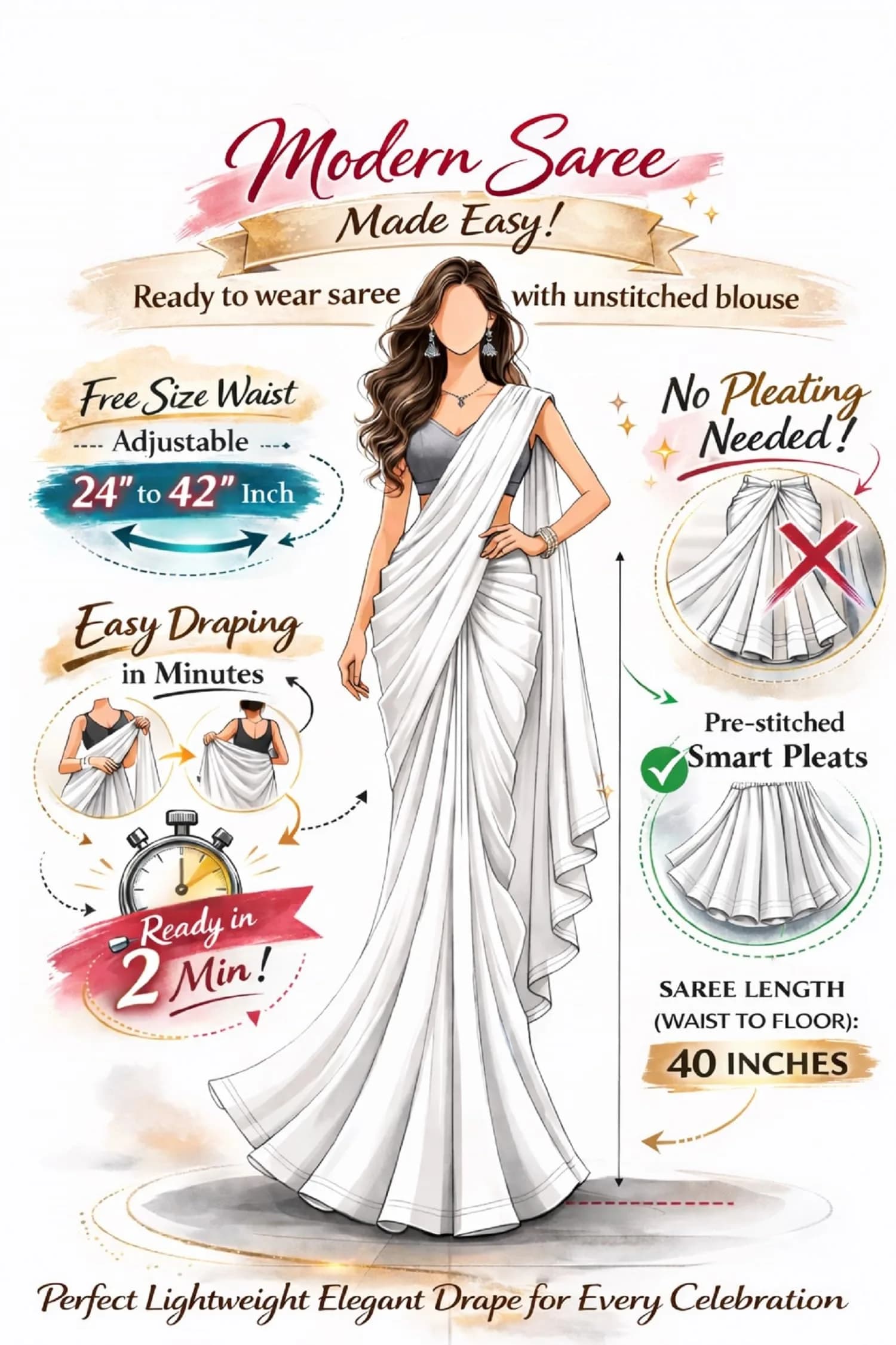 SHOPAZ Ready to Wear Rose Gold Satin Silk Saree 156 cm (61.4 in) | Pre-Pleated Indian Saree with Unstitched Blouse - view 7