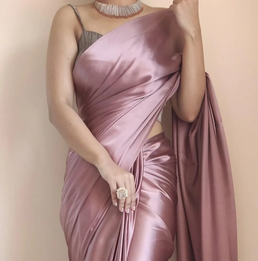 SHOPAZ Ready to Wear Rose Gold Satin Silk Saree 156 cm (61.4 in) | Pre-Pleated Indian Saree with Unstitched Blouse - view 2