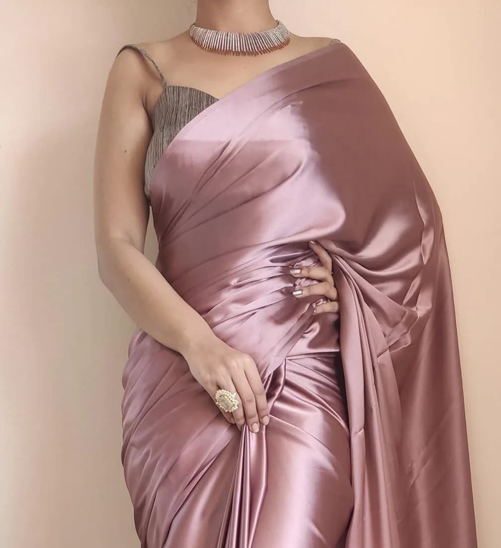 SHOPAZ Ready to Wear Rose Gold Satin Silk Saree 156 cm (61.4 in) | Pre-Pleated Indian Saree with Unstitched Blouse - view 3