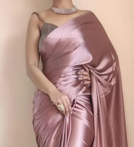 SHOPAZ Ready to Wear Rose Gold Satin Silk Saree 156 cm (61.4 in) | Pre-Pleated Indian Saree with Unstitched Blouse thumbnail 3