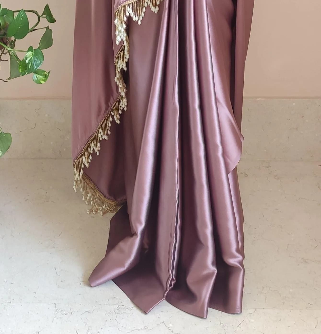 SHOPAZ Ready to Wear Rose Gold Satin Silk Saree 156 cm (61.4 in) | Pre-Pleated Indian Saree with Unstitched Blouse - view 4