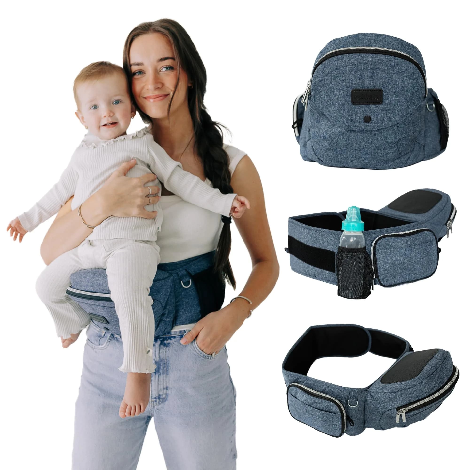TushBaby The Original Hip Seat Carrier for Babies & Toddlers up to 45 lbs | Safety-Certified Ergonomic Design with Lumbar Support & Storage Pockets — Chambray