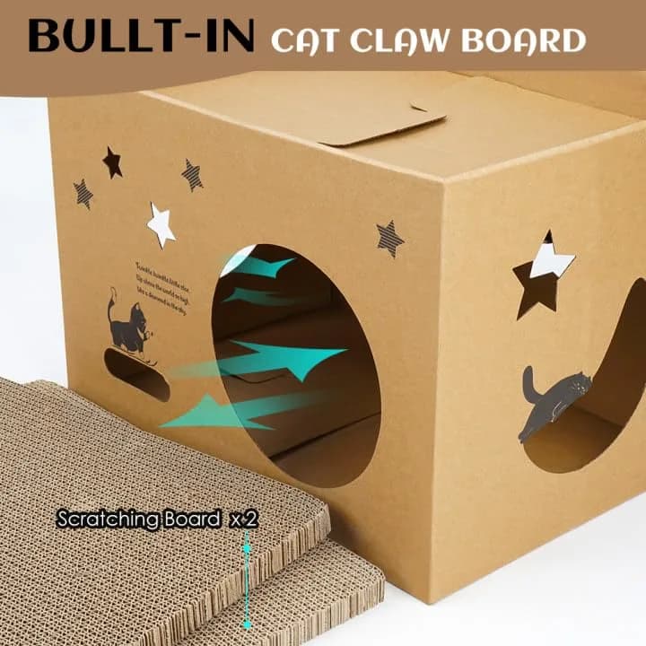 ARGOPET Cat Cardboard House with 2 Scratching Pads, 104cm x 61cm x 61cm (41"L x 24"W x 24"H) | Detachable Star Pattern Lounge thumbnail 2