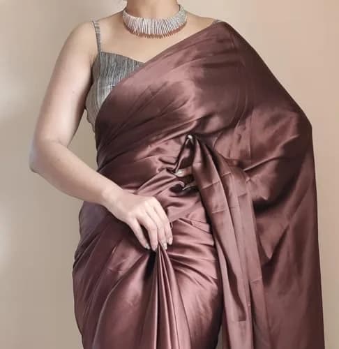 SHOPAZ Women's Ready to Wear Coffee Satin Silk Saree 5.5m | Unstitched Blouse, Ready Pleats, Comfortable Fit thumbnail 2