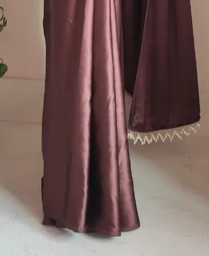 SHOPAZ Women's Ready to Wear Coffee Satin Silk Saree 5.5m | Unstitched Blouse, Ready Pleats, Comfortable Fit thumbnail 3