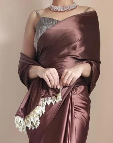 SHOPAZ Women's Ready to Wear Coffee Satin Silk Saree 5.5m | Unstitched Blouse, Ready Pleats, Comfortable Fit thumbnail 4