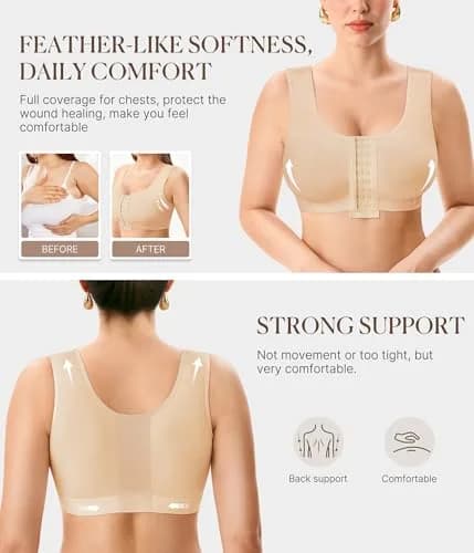 BRABIC Women's Post Surgery Compression Bra with Front Closure & Adjustable Straps for Mastectomy Recovery, Beige Medium | Full Coverage thumbnail 3