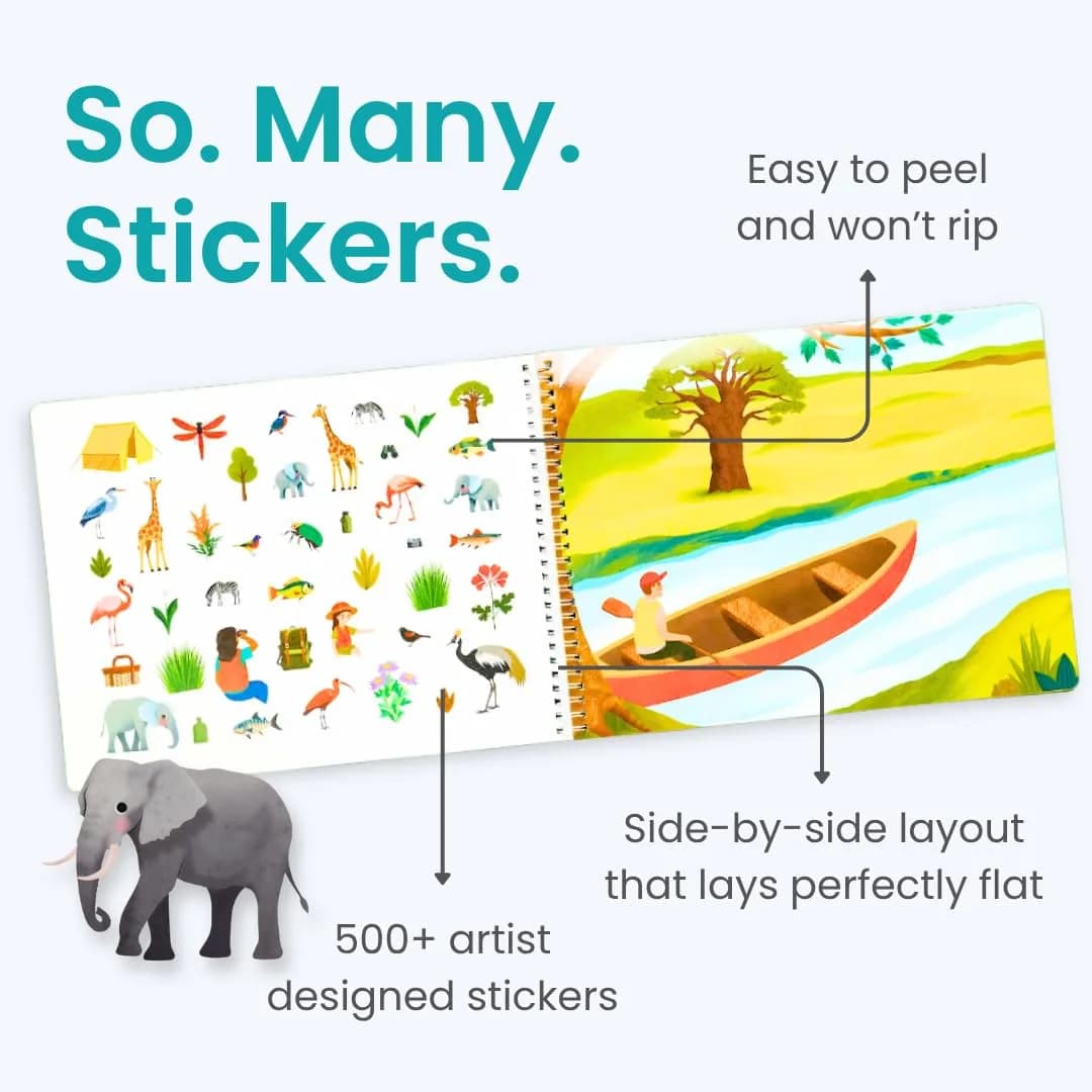 CUPKIN Safari Animals Sticker Book, Exploring the Safari, 500+ Stickers, 12 Scenes & 12 Coloring Pages | Toddler Travel Essentials - view 3