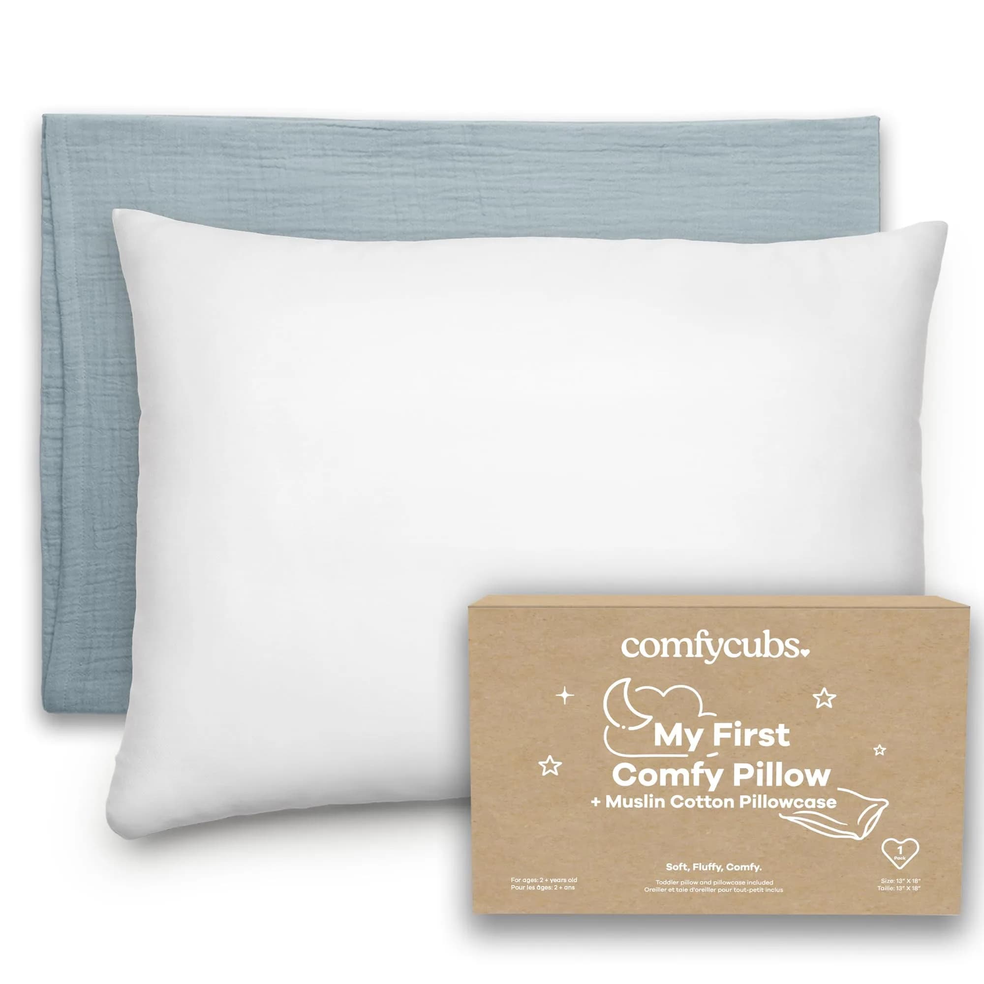 Comfy Cubs Toddler Pillow with Muslin Pillowcase 33cm x 46cm (13"x18") | Soft Microfiber Fill for Sleeping & Travel - main product image