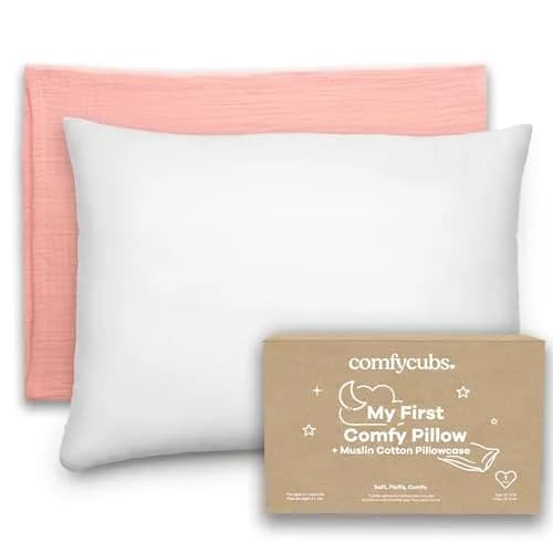 Comfy Cubs Toddler Pillow with Muslin Pillowcase, 33cm x 46cm (13"x18") | Lightweight Breathable Microfiber Fill for Sleeping & Travel thumbnail 1
