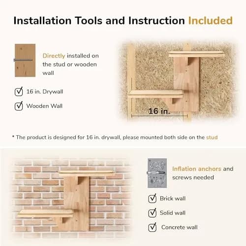 FUKUMARU Cat Wall Shelves, 2 Platform Tree Shape Wall-Mounted Shelf, Sisal Mat, Rubber Wood, Suitable for 16 Inch Drywall, Climb, Play, Nap thumbnail 7