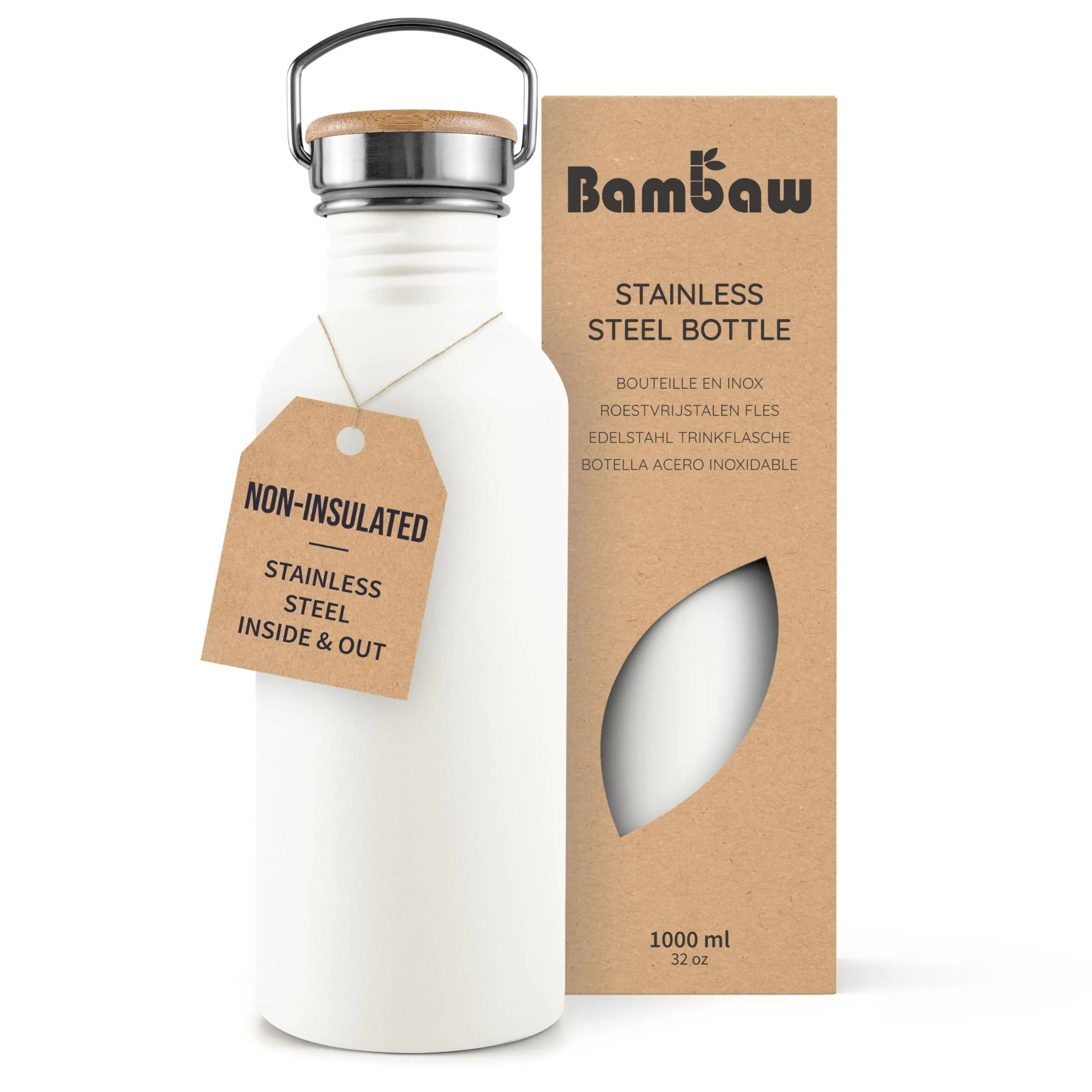 Bambaw Metal Water Bottle 1L | Reusable Stainless Steel Sports Bottle, Polar White, Leakproof & Eco-Friendly (70-120 chars)