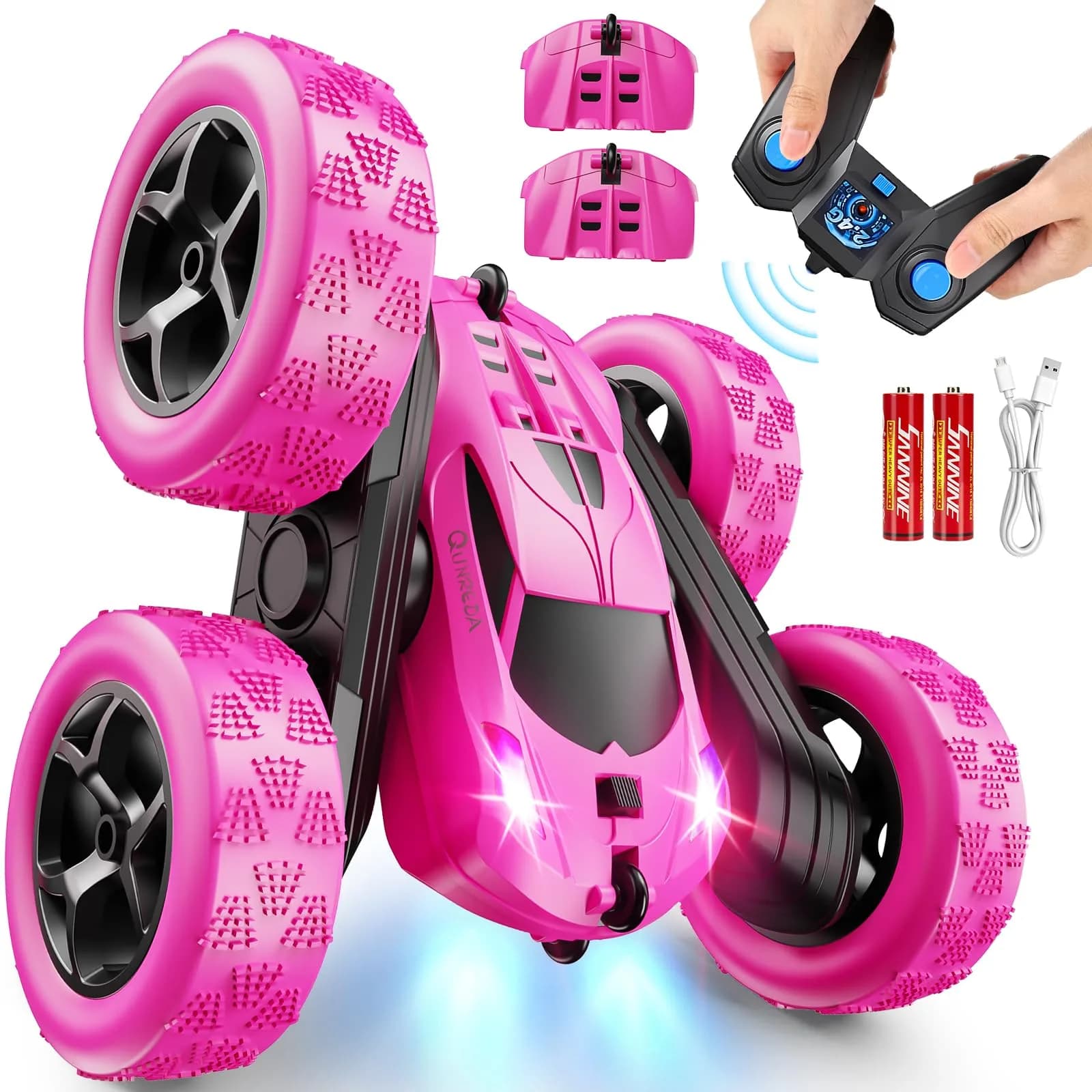 QUNREDA RC Stunt Car for Girls, Rose 6.3"x6.3"x2.9" | Double Sided 360° Rotating Crawler with 50 Min Playtime