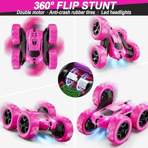 QUNREDA RC Stunt Car for Girls, Rose 6.3"x6.3"x2.9" | Double Sided 360° Rotating Crawler with 50 Min Playtime thumbnail 4