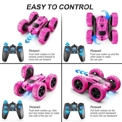 QUNREDA RC Stunt Car for Girls, Rose 6.3"x6.3"x2.9" | Double Sided 360° Rotating Crawler with 50 Min Playtime thumbnail 6