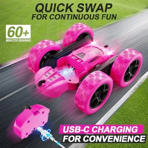 QUNREDA RC Stunt Car for Girls, Rose 6.3"x6.3"x2.9" | Double Sided 360° Rotating Crawler with 50 Min Playtime thumbnail 2
