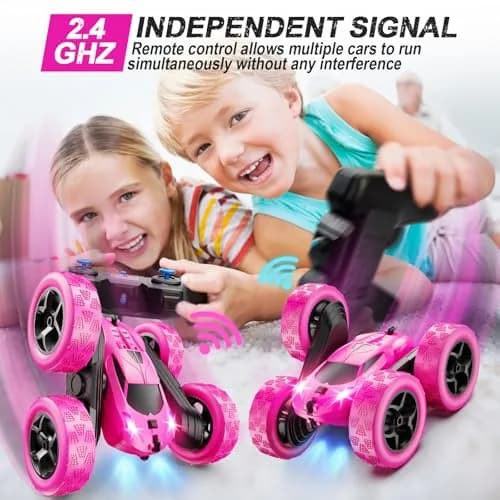 QUNREDA RC Stunt Car for Girls, Rose 6.3"x6.3"x2.9" | Double Sided 360° Rotating Crawler with 50 Min Playtime thumbnail 3