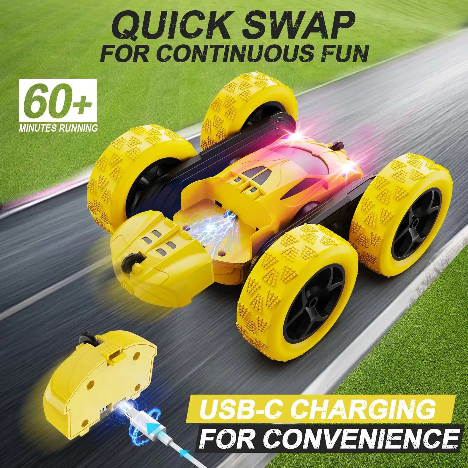 QUNREDA Remote Control Car Yellow | 4WD Stunt Car with 2 Batteries for 6-12 Year Old Boys - view 2