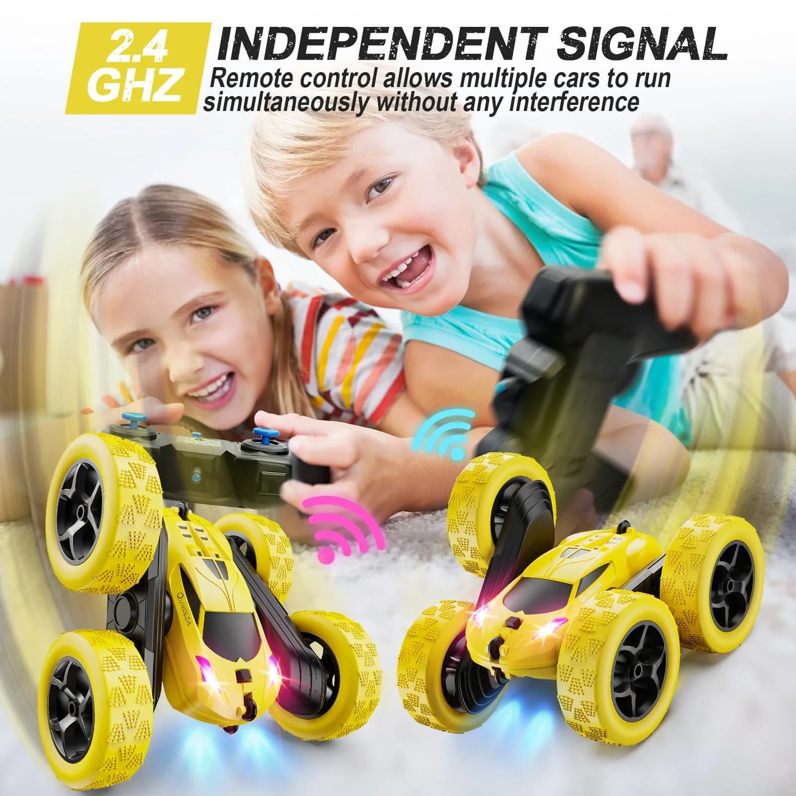QUNREDA Remote Control Car Yellow | 4WD Stunt Car with 2 Batteries for 6-12 Year Old Boys - view 3