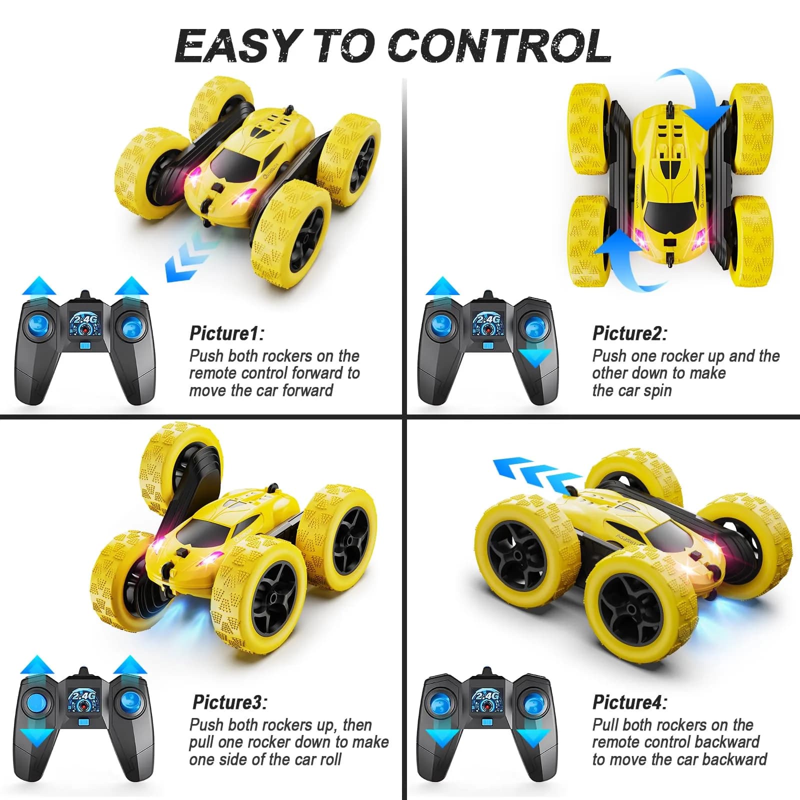 QUNREDA Remote Control Car Yellow | 4WD Stunt Car with 2 Batteries for 6-12 Year Old Boys - view 6