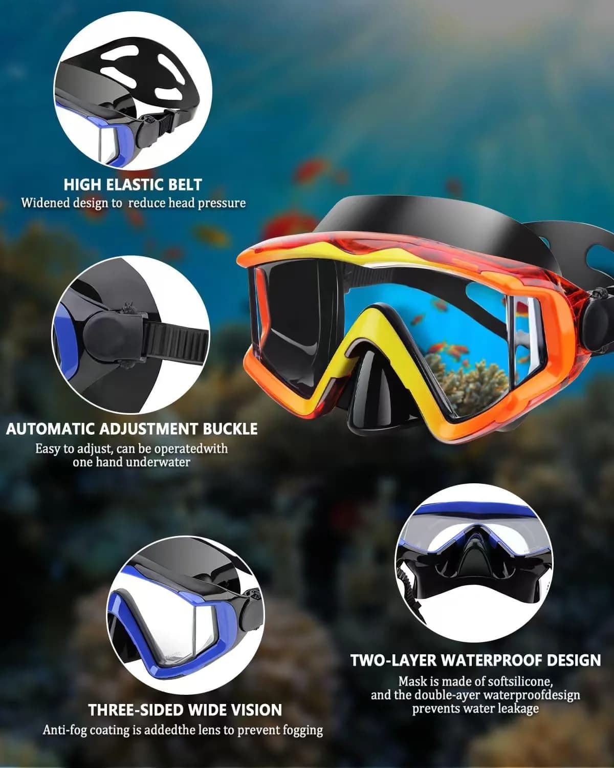 AQUA A DIVE SPORTS Single Lens Diving Mask Orange | Anti-Fog, Leakproof Silicone Skirt - view 3