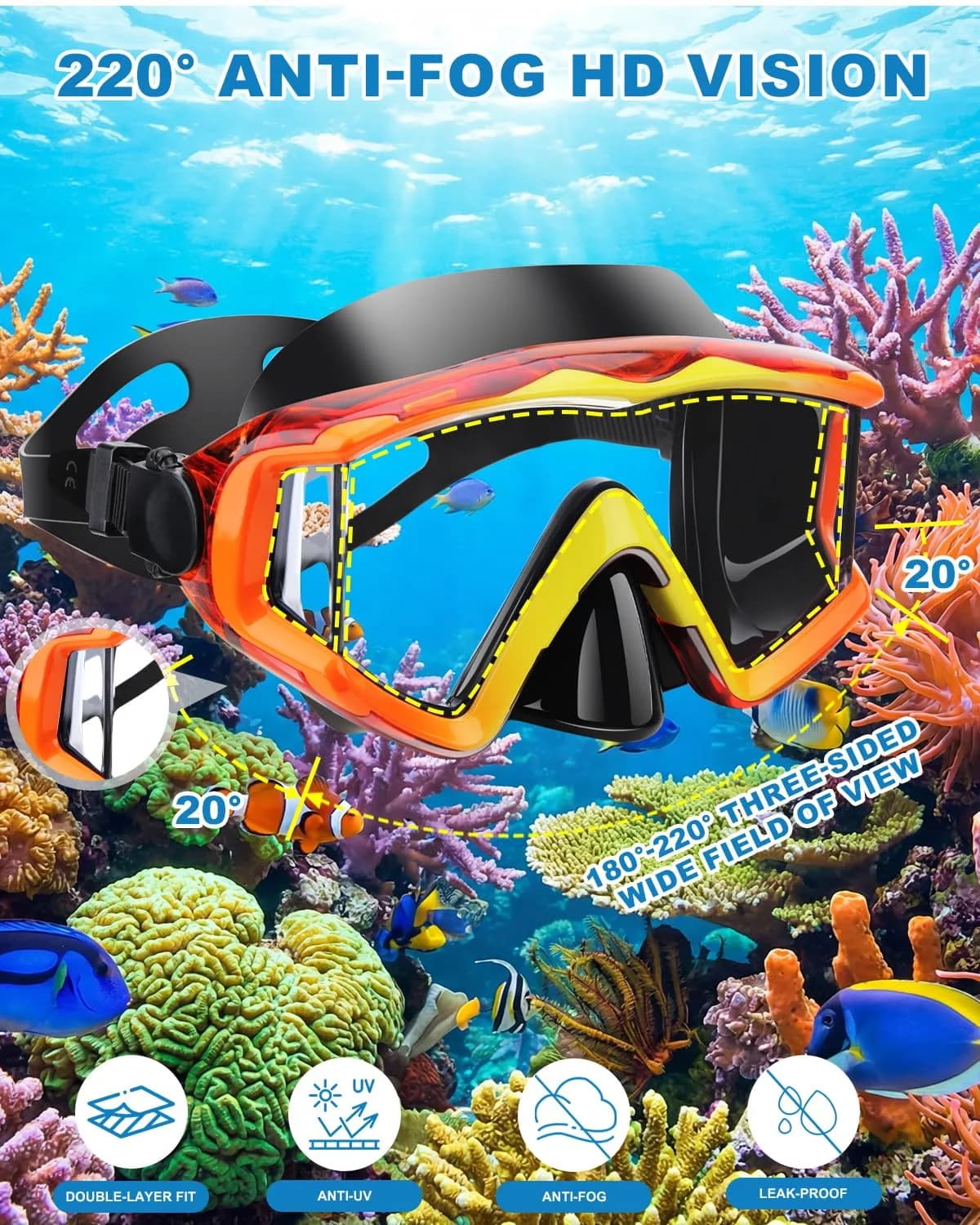 AQUA A DIVE SPORTS Adult Diving Mask with Anti-Fog Single Lens | 180° Wide View Orange - view 5
