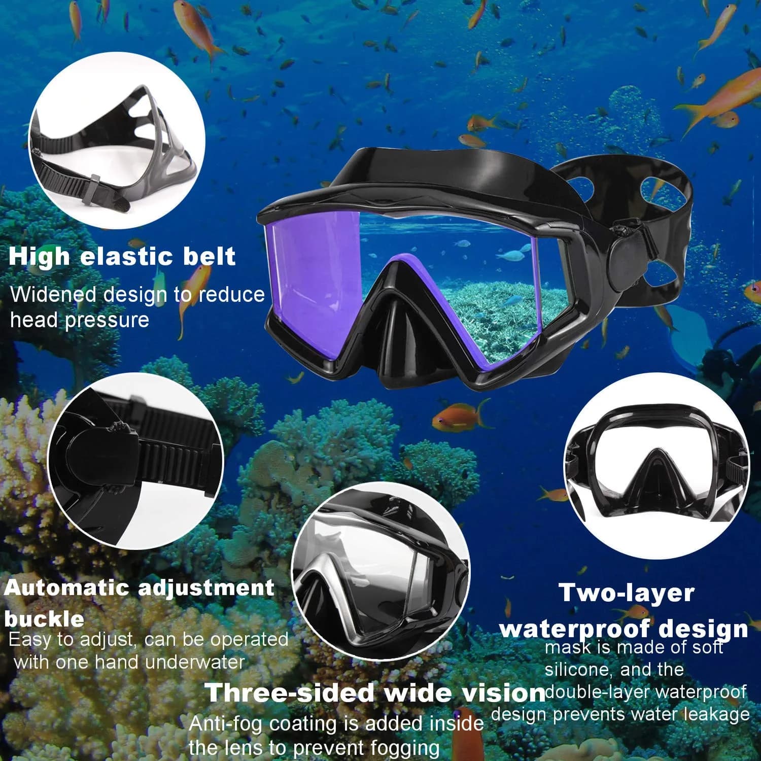 AQUA A DIVE SPORTS Kids Black-Blue Lens Diving Mask | 180° Wide View Anti-Fog - view 3