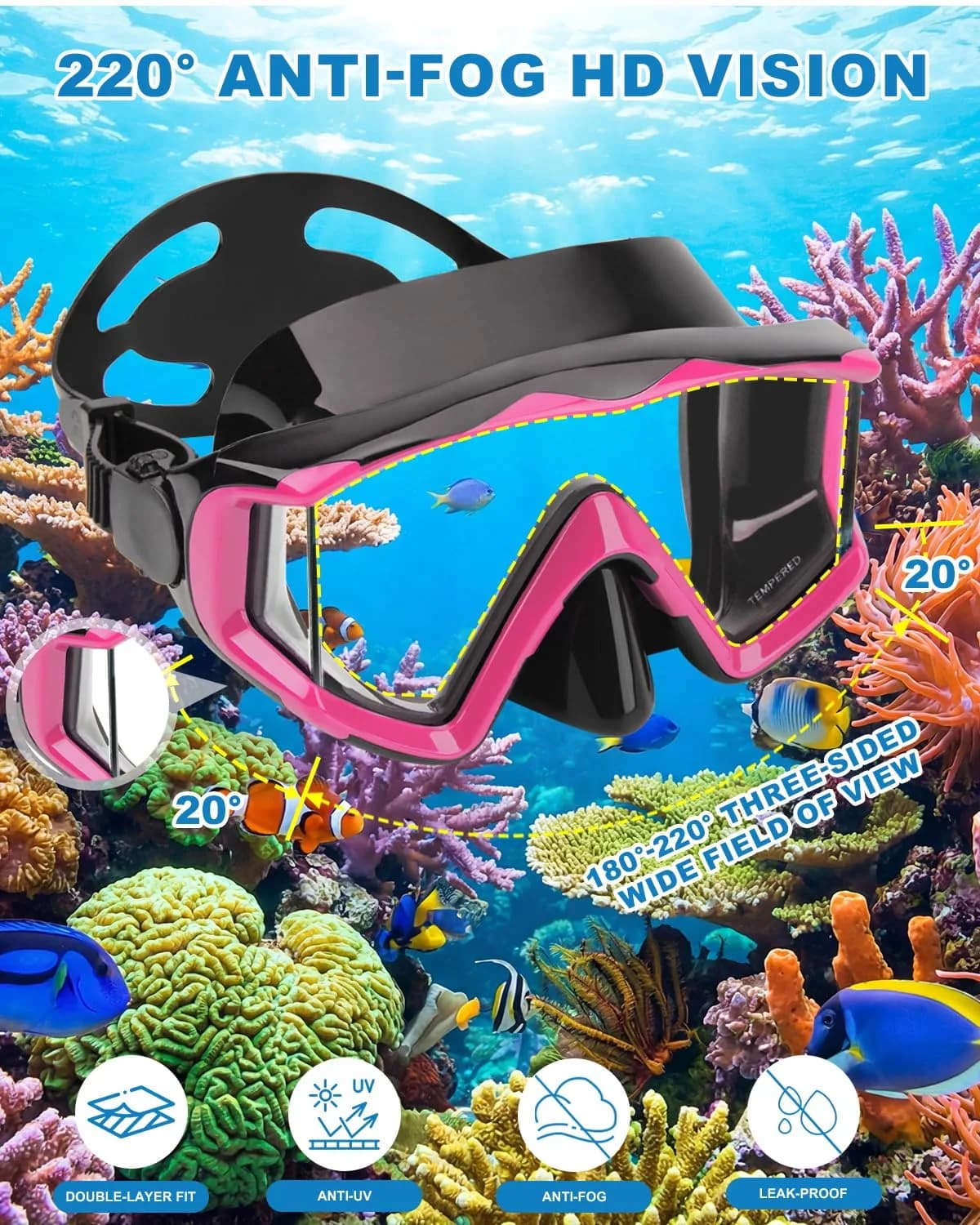 AQUA A DIVE SPORTS Pink Kids Single Lens Diving Mask | 180° Wide View Anti-Fog - view 3