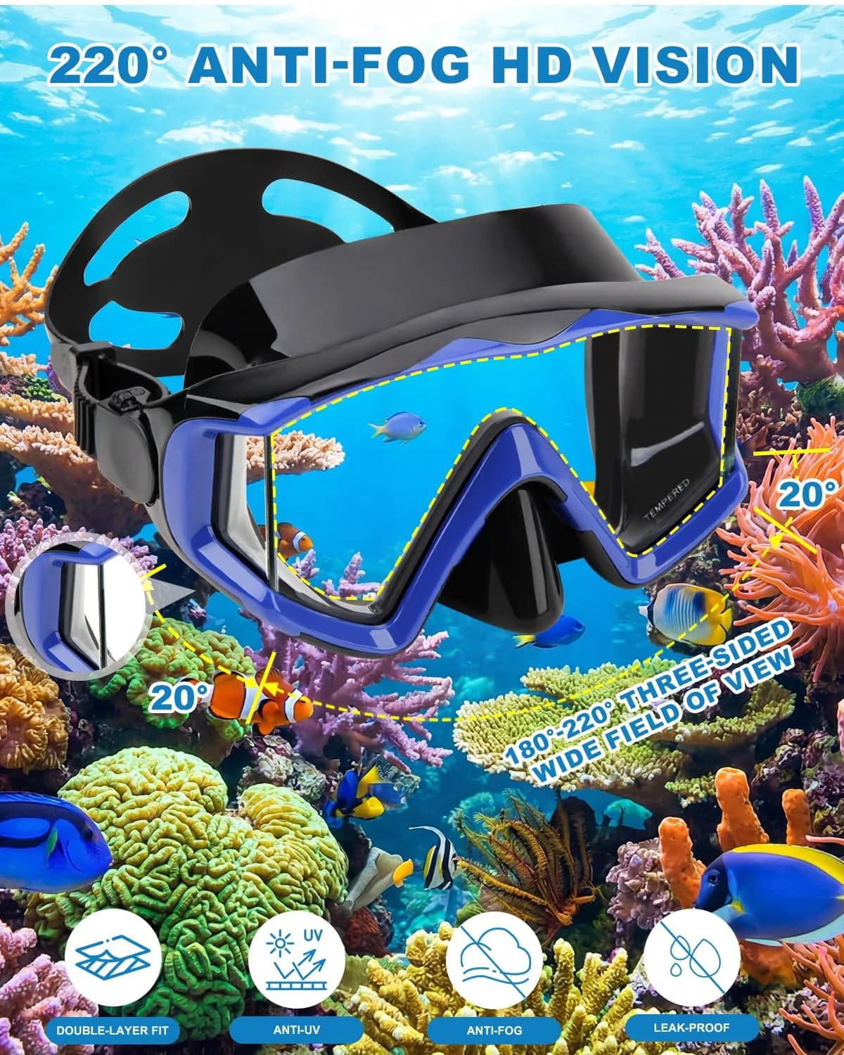 AQUA A DIVE SPORTS Single Lens Diving Mask Blue | 180° Wide Field of View - view 4