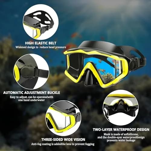 AQUA A DIVE SPORTS One-Piece Lens Diving Mask Yellow Black | Wide 180° Field of View thumbnail 4