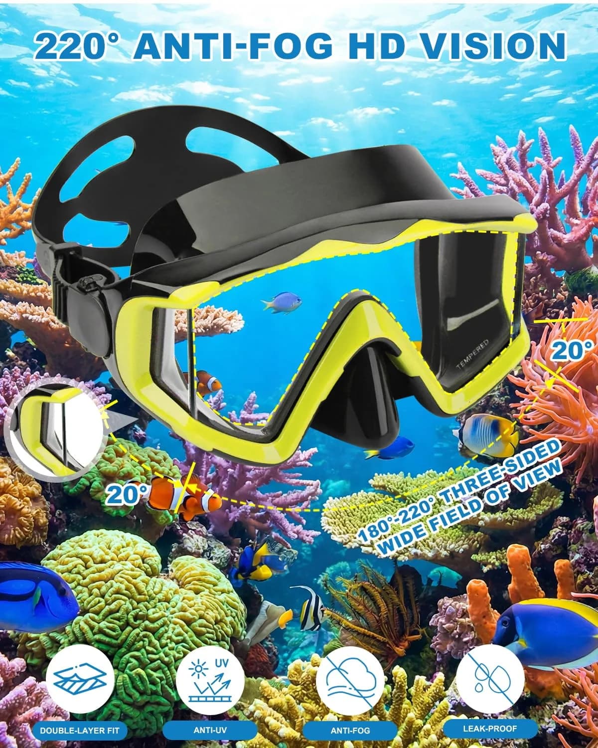AQUA A DIVE SPORTS One-Piece Lens Diving Mask Yellow Black | Wide 180° Field of View - view 3