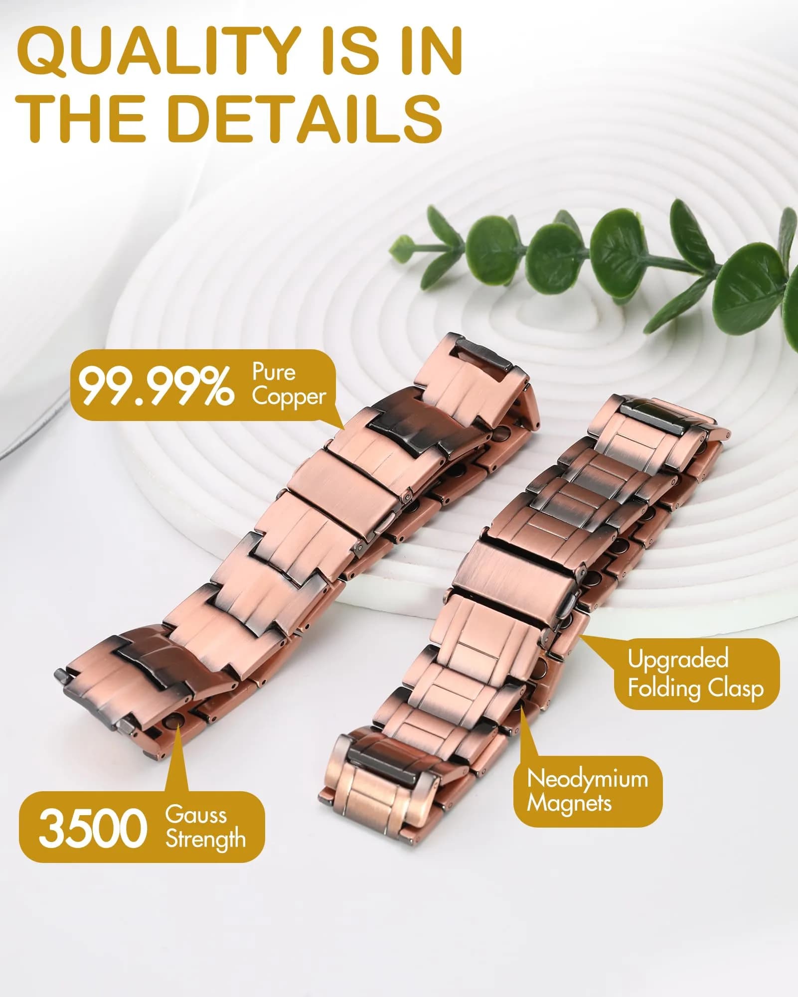 Feraco Pure Copper Magnetic Bracelet for Men | 22cm (8.66'') Adjustable - view 3