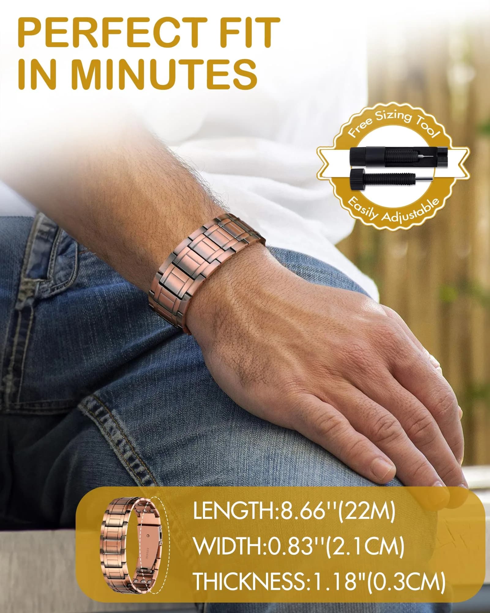 Feraco Pure Copper Magnetic Bracelet for Men | 22cm (8.66'') Adjustable - view 4