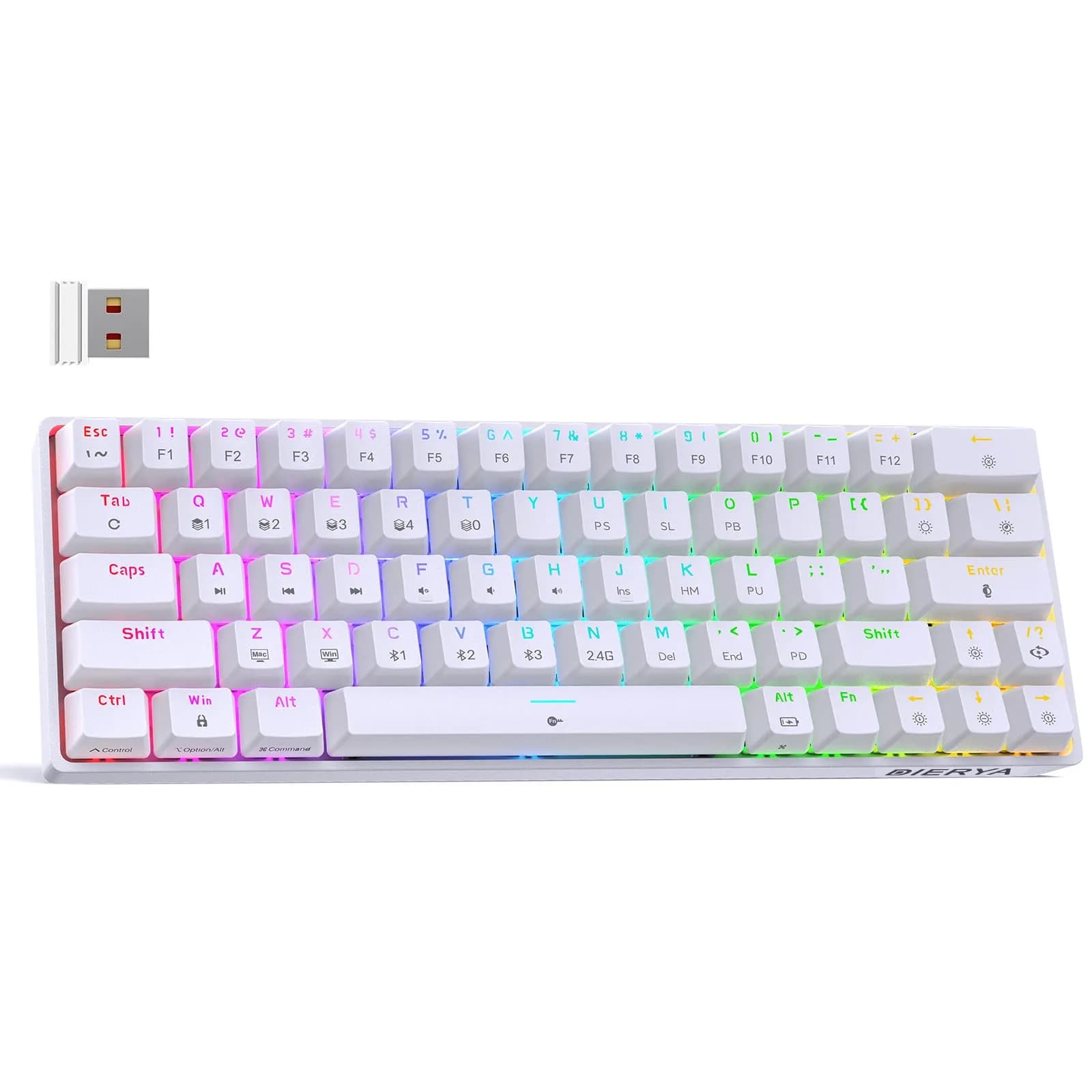 DIERYA DK63 60% Wireless Mechanical Gaming Keyboard | Bluetooth/2.4G/Wired RGB Backlit Compact 63 Keys Mini Office Keyboard | Blue Switch | for Windows PC Gamer Typist (White) - main product image