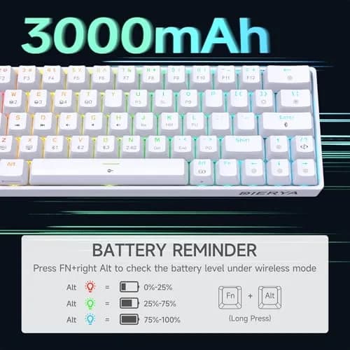 DIERYA DK63 60% Wireless Mechanical Gaming Keyboard | Bluetooth/2.4G/Wired RGB Backlit Compact 63 Keys Mini Office Keyboard | Blue Switch | for Windows PC Gamer Typist (White) thumbnail 5