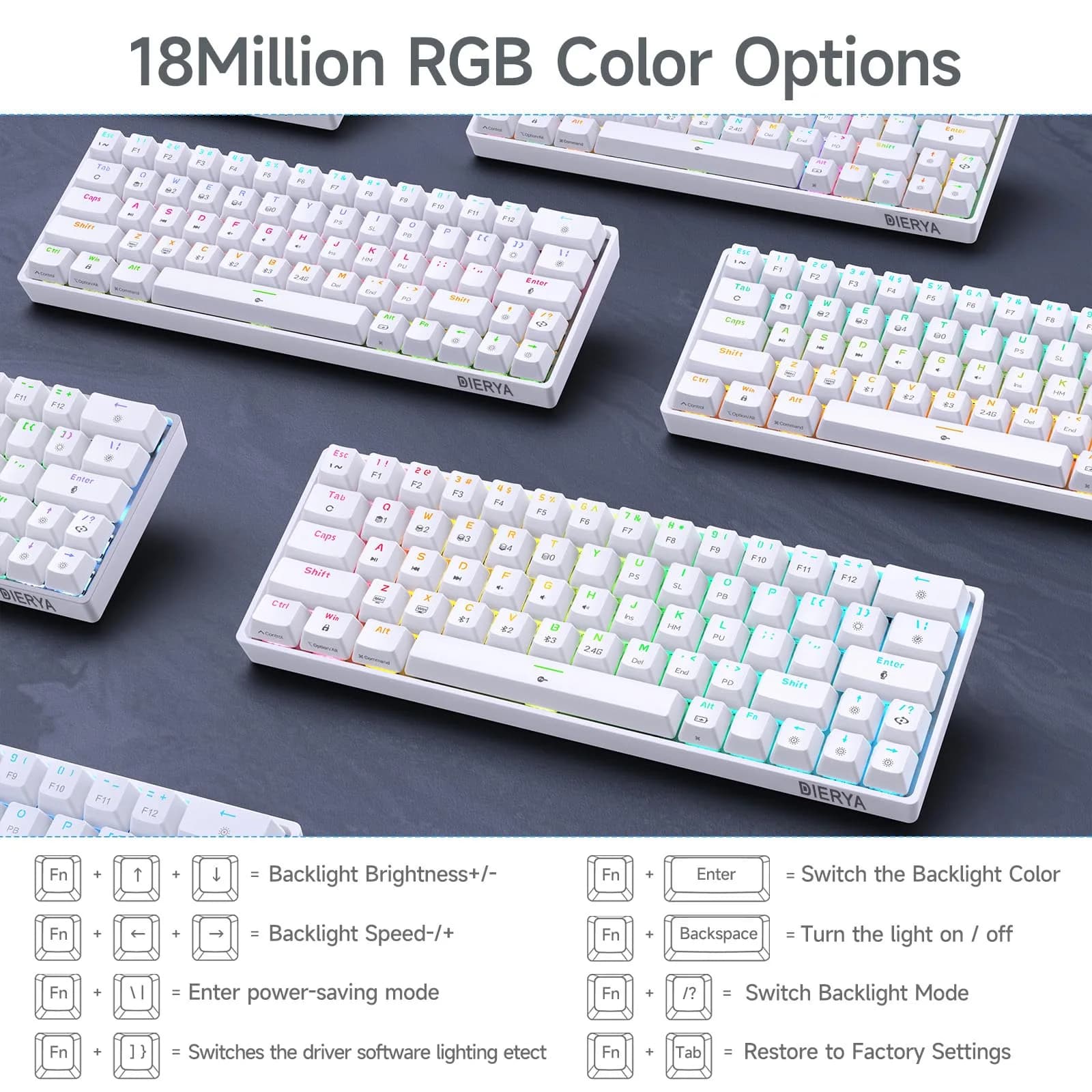 DIERYA DK63 60% Wireless Mechanical Gaming Keyboard | Bluetooth/2.4G/Wired RGB Backlit Compact 63 Keys Mini Office Keyboard | Blue Switch | for Windows PC Gamer Typist (White) - view 6