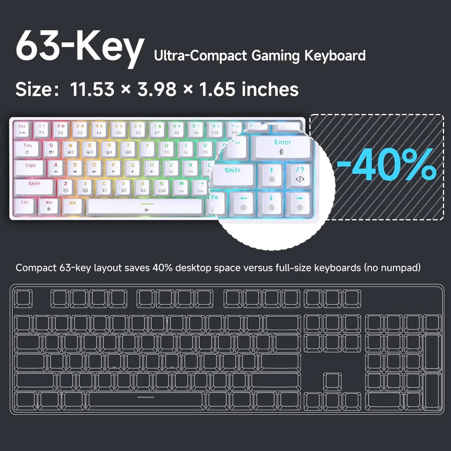 DIERYA DK63 60% Wireless Mechanical Gaming Keyboard | Bluetooth/2.4G/Wired RGB Backlit Compact 63 Keys Mini Office Keyboard | Blue Switch | for Windows PC Gamer Typist (White) - view 2